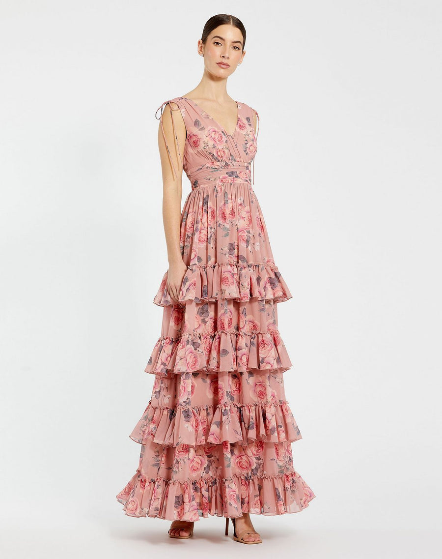 Formal Dresses Long Floral Print Formal A Line Tiered Dress Pink Multi