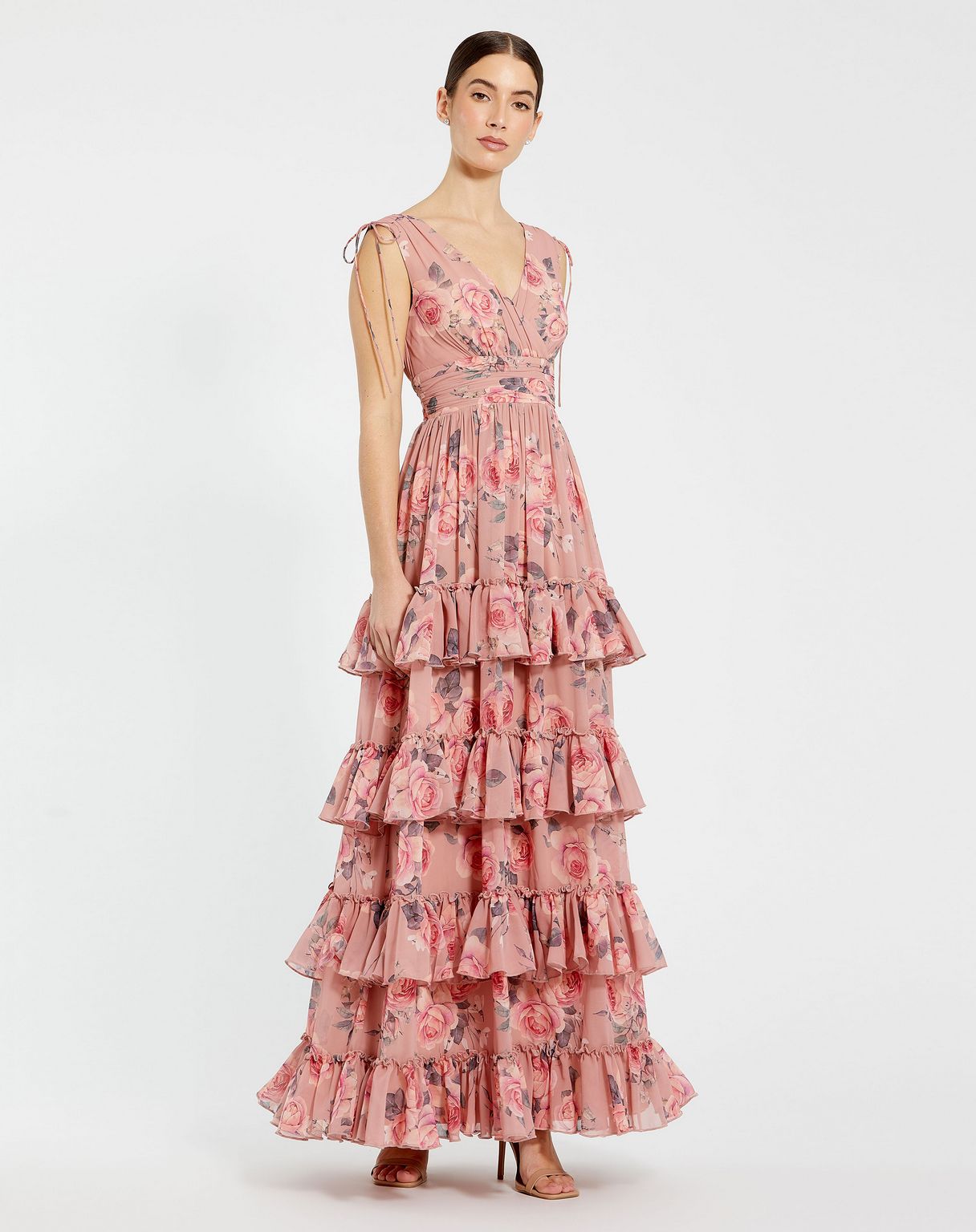 Formal Dresses Long Floral Print Formal A Line Tiered Dress Pink Multi
