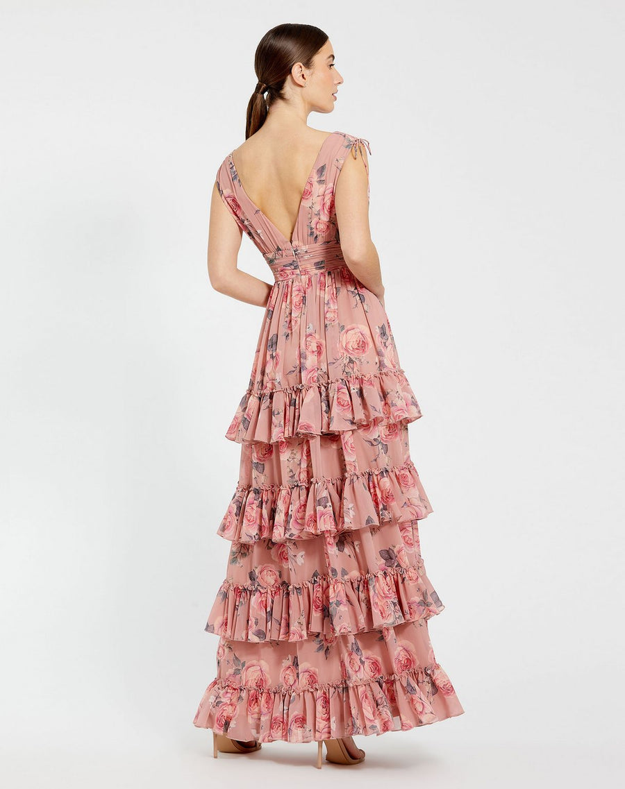 Formal Dresses Long Floral Print Formal A Line Tiered Dress Pink Multi