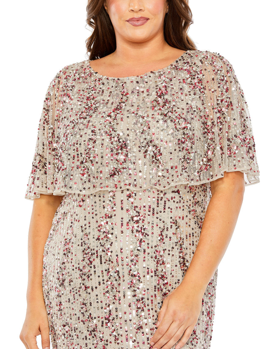Plus Size Dresses Plus Size Formal Long Sequin Cape Dress Taupe
