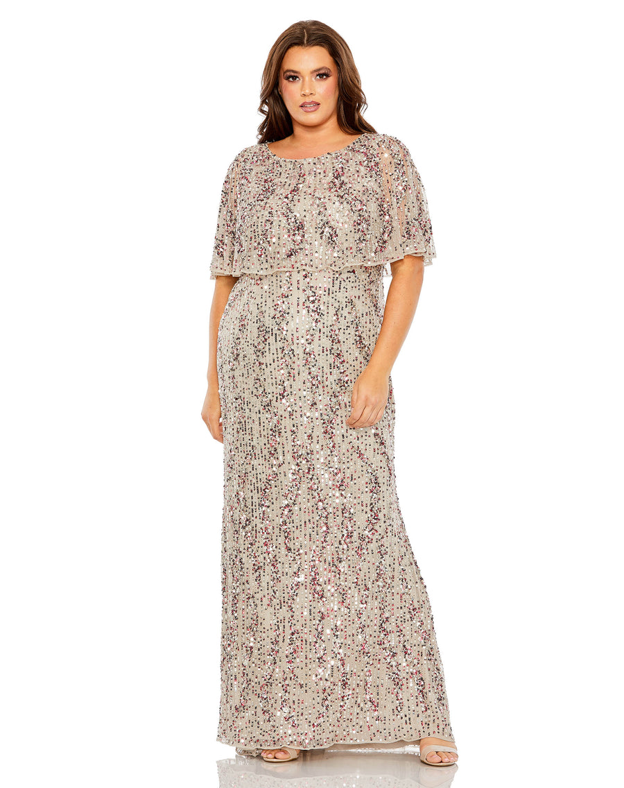 Plus Size Dresses Plus Size Formal Long Sequin Cape Dress Taupe