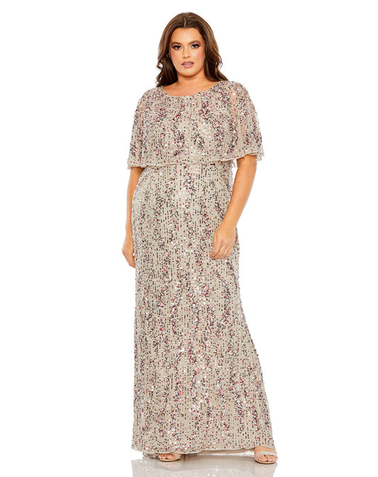 Plus Size Dresses Plus Size Formal Long Sequin Cape Dress Taupe