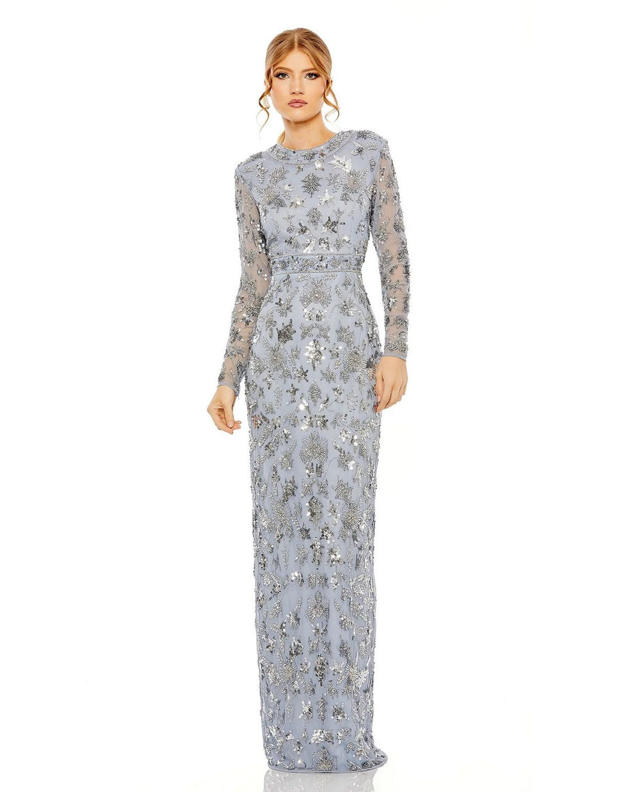 Formal Dresses High Neck Long Sleeve Embellished Column Dress Slate Blue