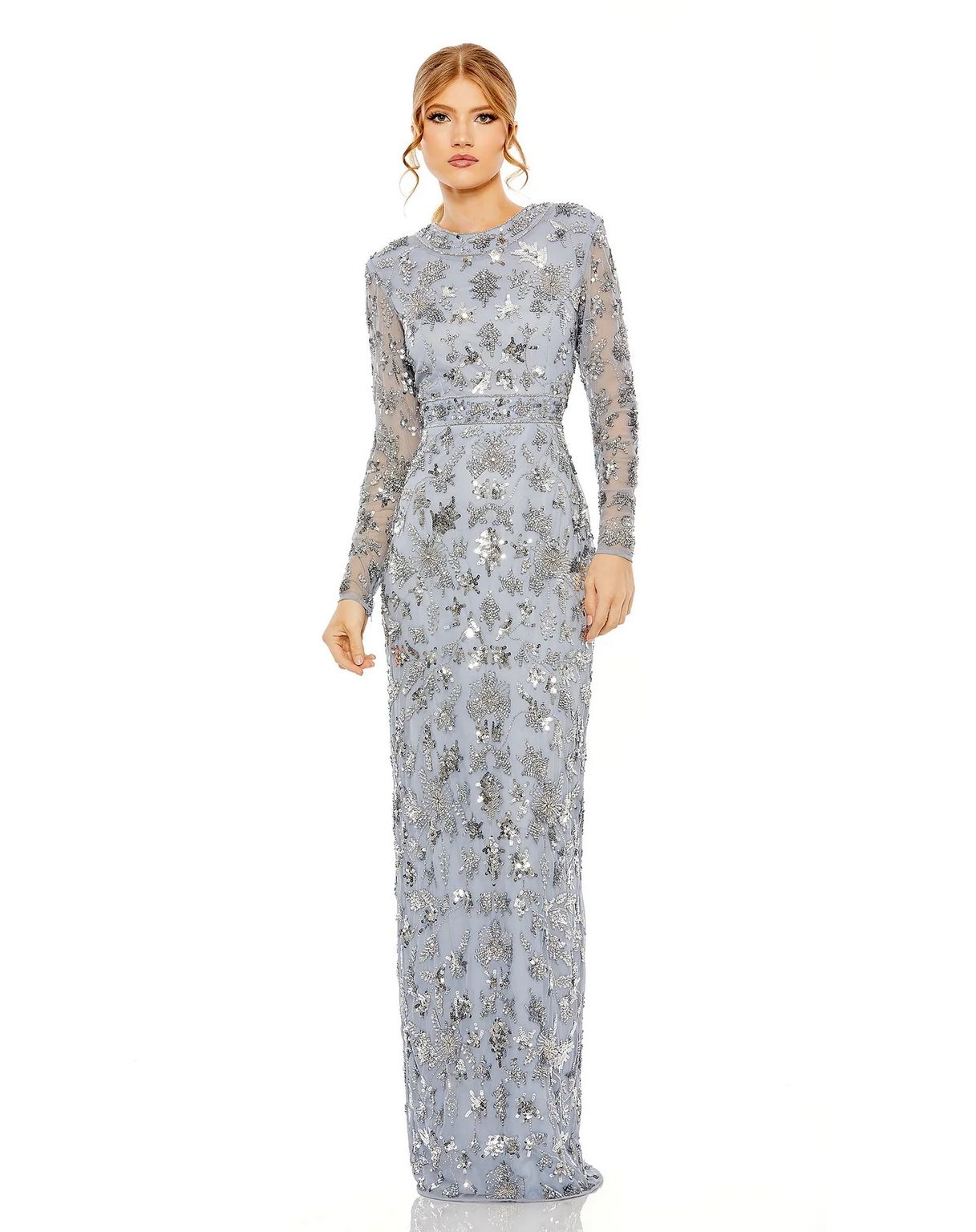 Formal Dresses High Neck Long Sleeve Embellished Column Dress Slate Blue