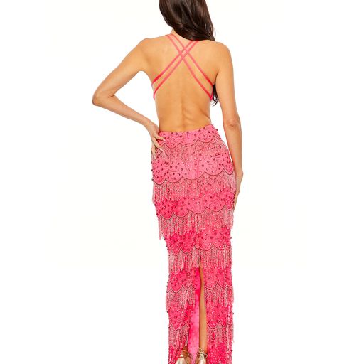 Prom Dresses Long Beaded Fringe Cut Out Formal Prom Dress Hot Pink