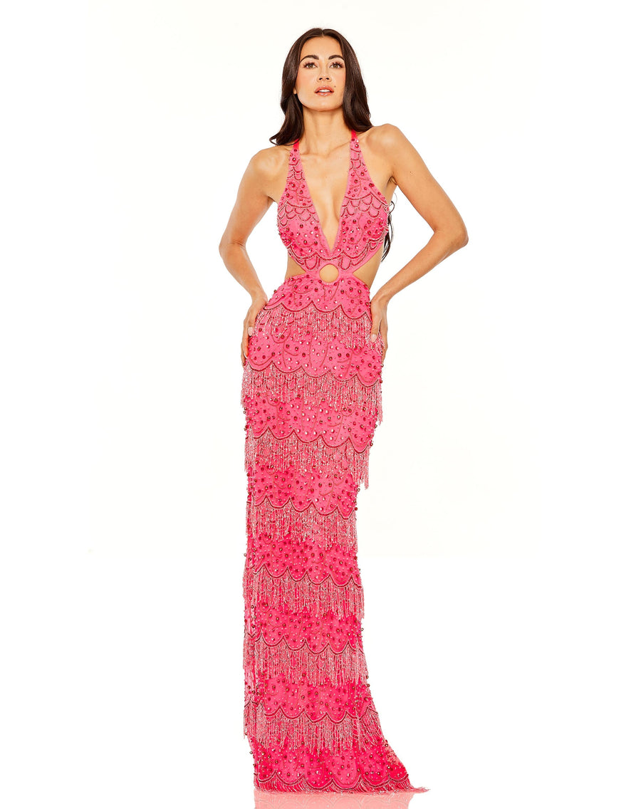 Prom Dresses Long Beaded Fringe Cut Out Formal Prom Dress Hot Pink