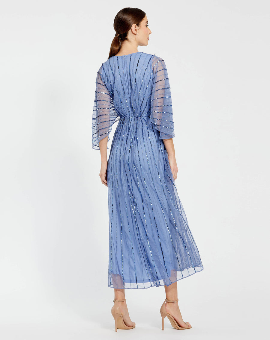 Prom Dresses Beaded Kimono Sleeve A Line Midi Length Dress Periwinkle