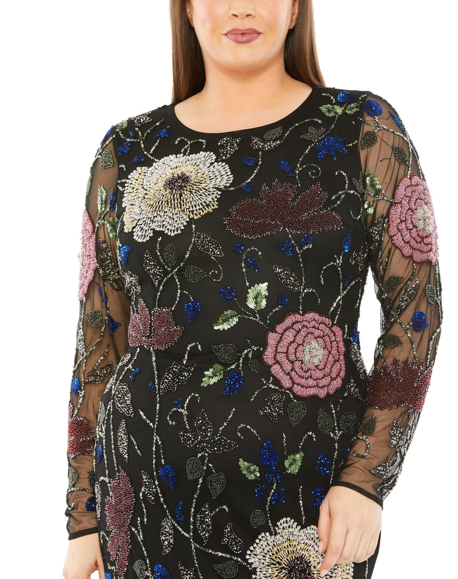 Plus Size Dresses Long Sleeve Floral Plus Size Formal Dress Black Multi