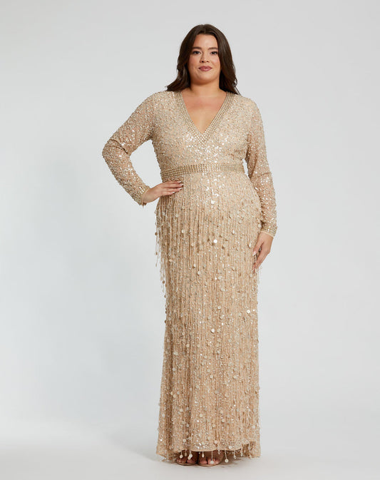 Plus Size Dresses Plus Size Fringe Long Sleeve Formal Dress Nude Gold