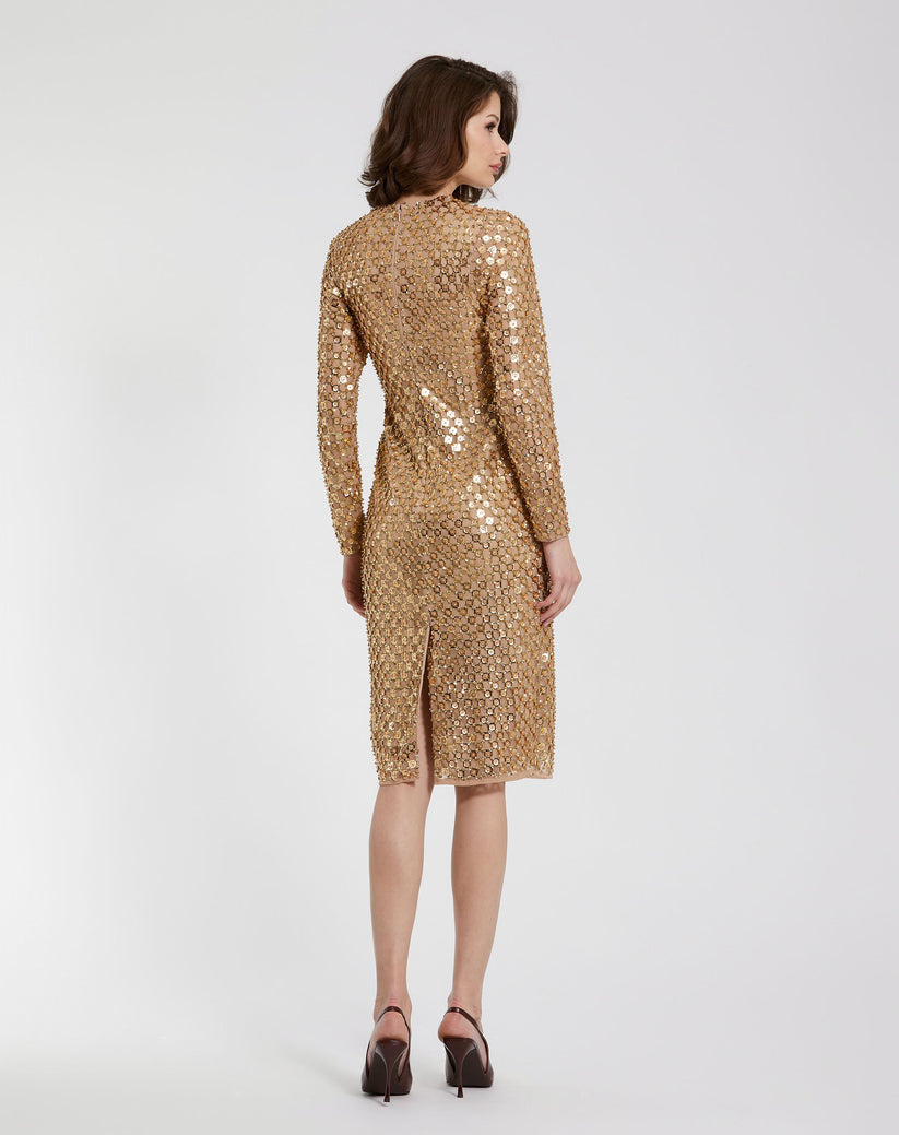Cocktail Dresses Short Beaded Long Sleeve Fitted Midi Dress Antique Gold