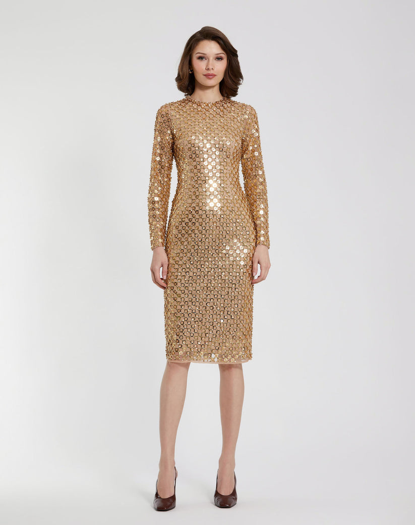Cocktail Dresses Short Beaded Long Sleeve Fitted Midi Dress Antique Gold