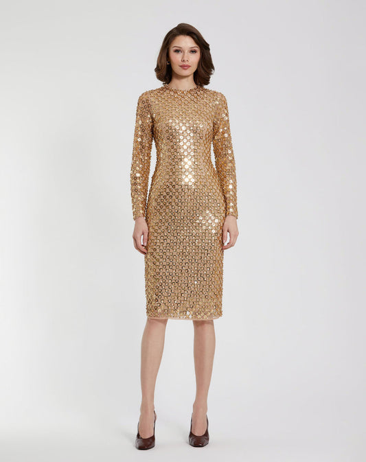 Cocktail Dresses Short Beaded Long Sleeve Fitted Midi Dress Antique Gold