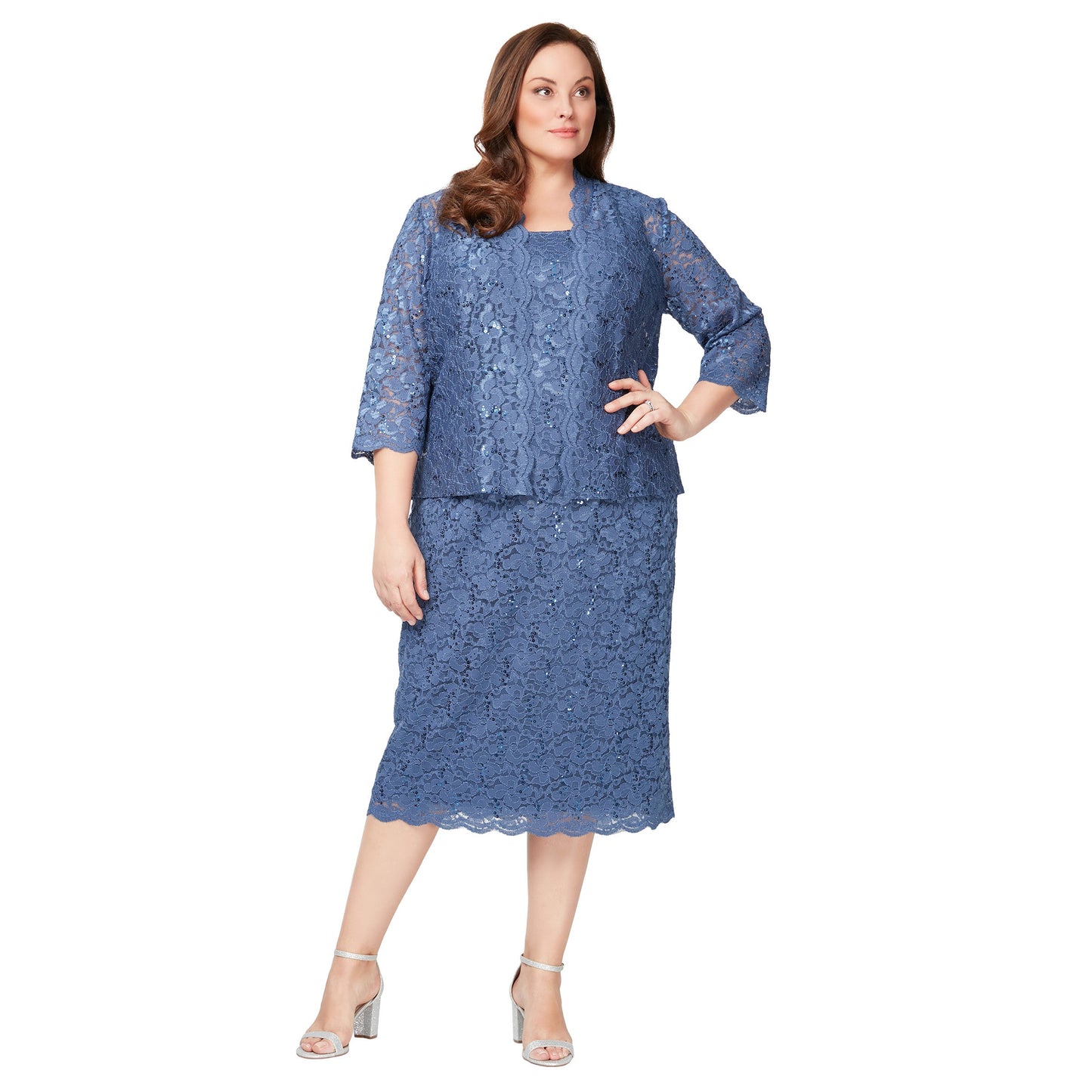Plus Size Dresses Two Piece Plus Size Lace Tea Length Jacket Dress Wedgewood