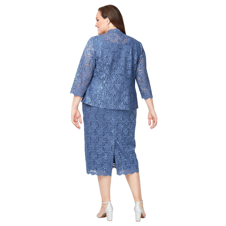 Plus Size Dresses Two Piece Plus Size Lace Tea Length Jacket Dress Wedgewood