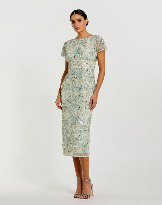 Cocktail Dresses Beaded Tea Length Cocktail Midi Dress  Sage