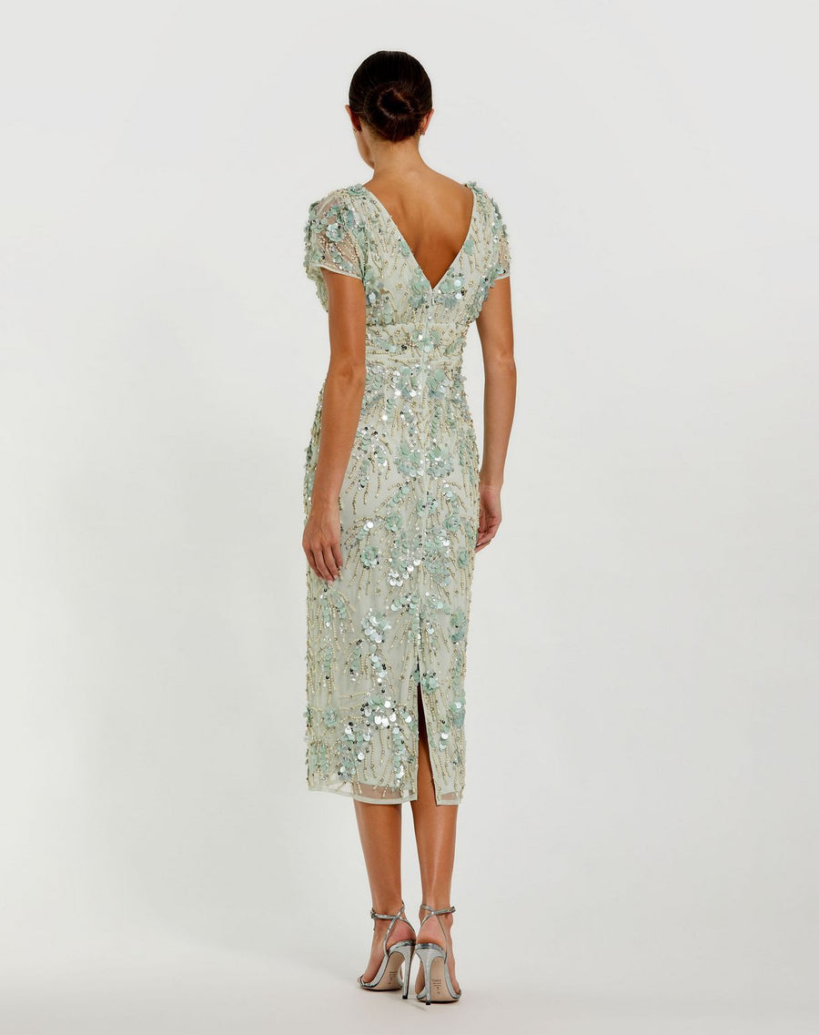 Cocktail Dresses Beaded Tea Length Cocktail Midi Dress  Sage
