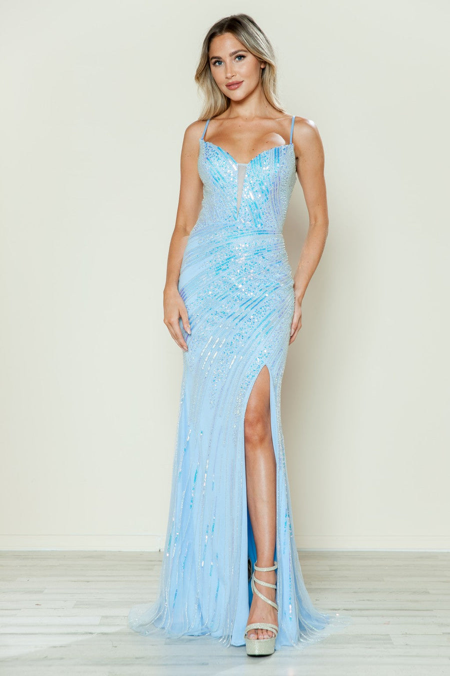 Prom Dresses Long Beaded Sequin Formal Fitted Prom Dress Blue