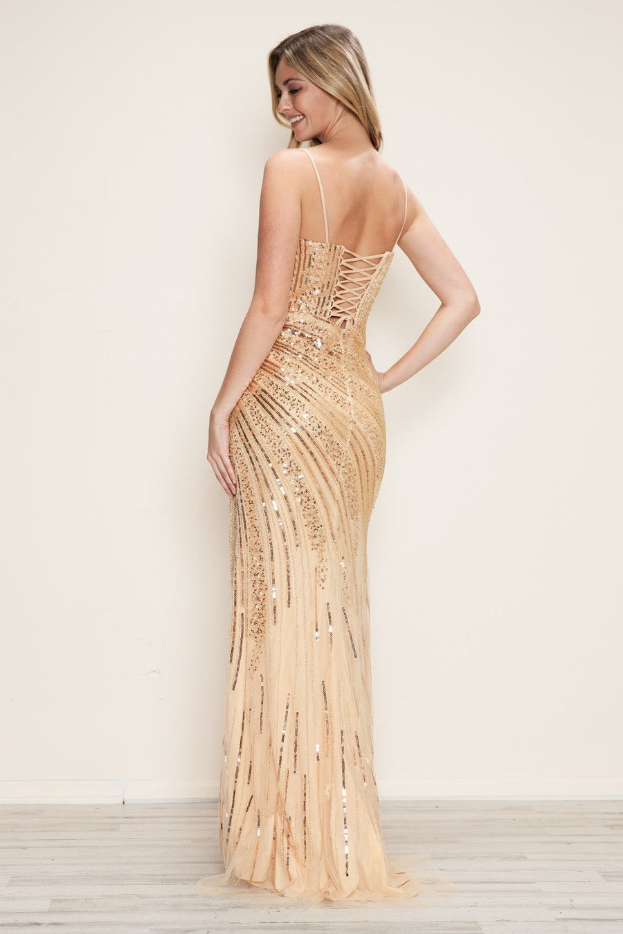 Prom Dresses Long Beaded Sequin Formal Fitted Prom Dress Champagne/Gold