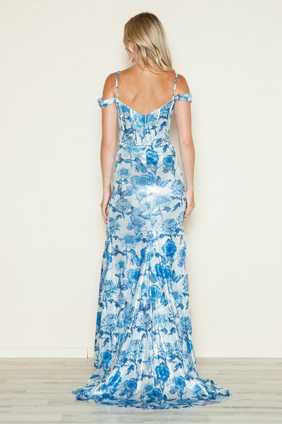 Prom Dresses Long Formal Sequin Print Slit Prom Dress Ocean Blue