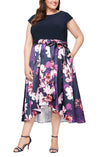 Formal Dresses Plus Size Printed Silk Skirt Long Party Dress  Navy Multi