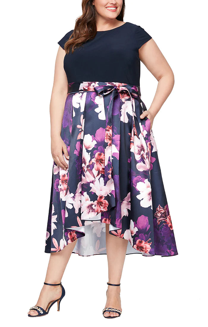 Formal Dresses Plus Size Printed Silk Skirt Long Party Dress  Navy Multi