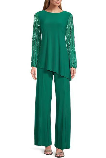 Pant Suit Plus Size  Long Sleeve Formal Beaded Pant Suit Emerald