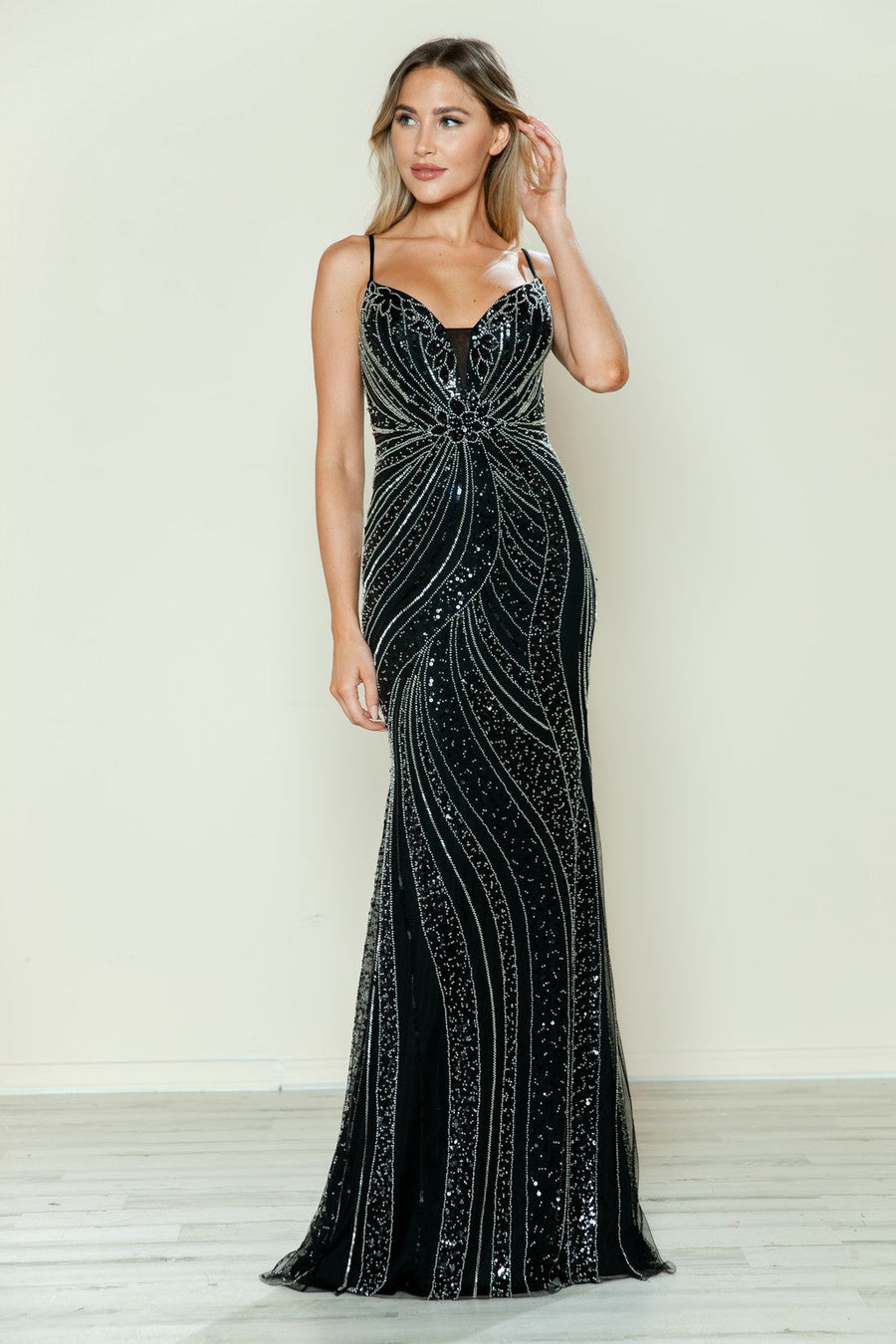 Prom Dresses Long Beaded Formal Fitted Prom Dress Black/Silver