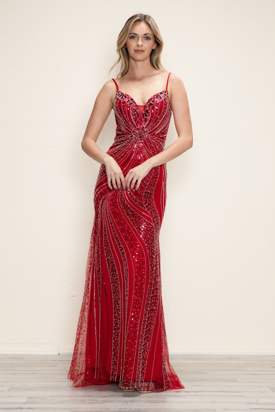 Prom Dresses Long Beaded Formal Fitted Prom Dress Red/Silver