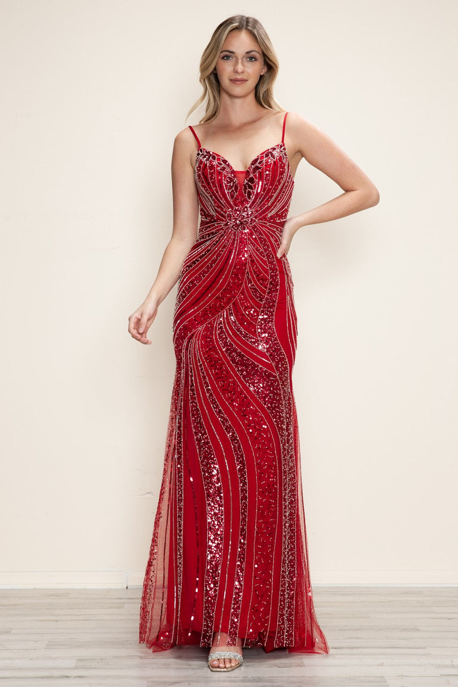 Prom Dresses Long Beaded Formal Fitted Prom Dress Red/Silver
