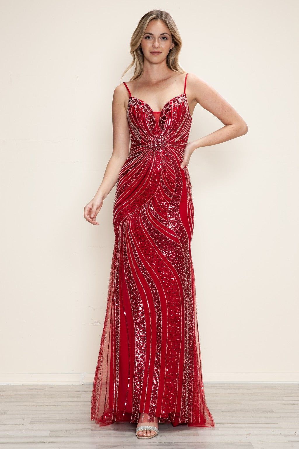 Prom Dresses Long Beaded Formal Fitted Prom Dress Red/Silver