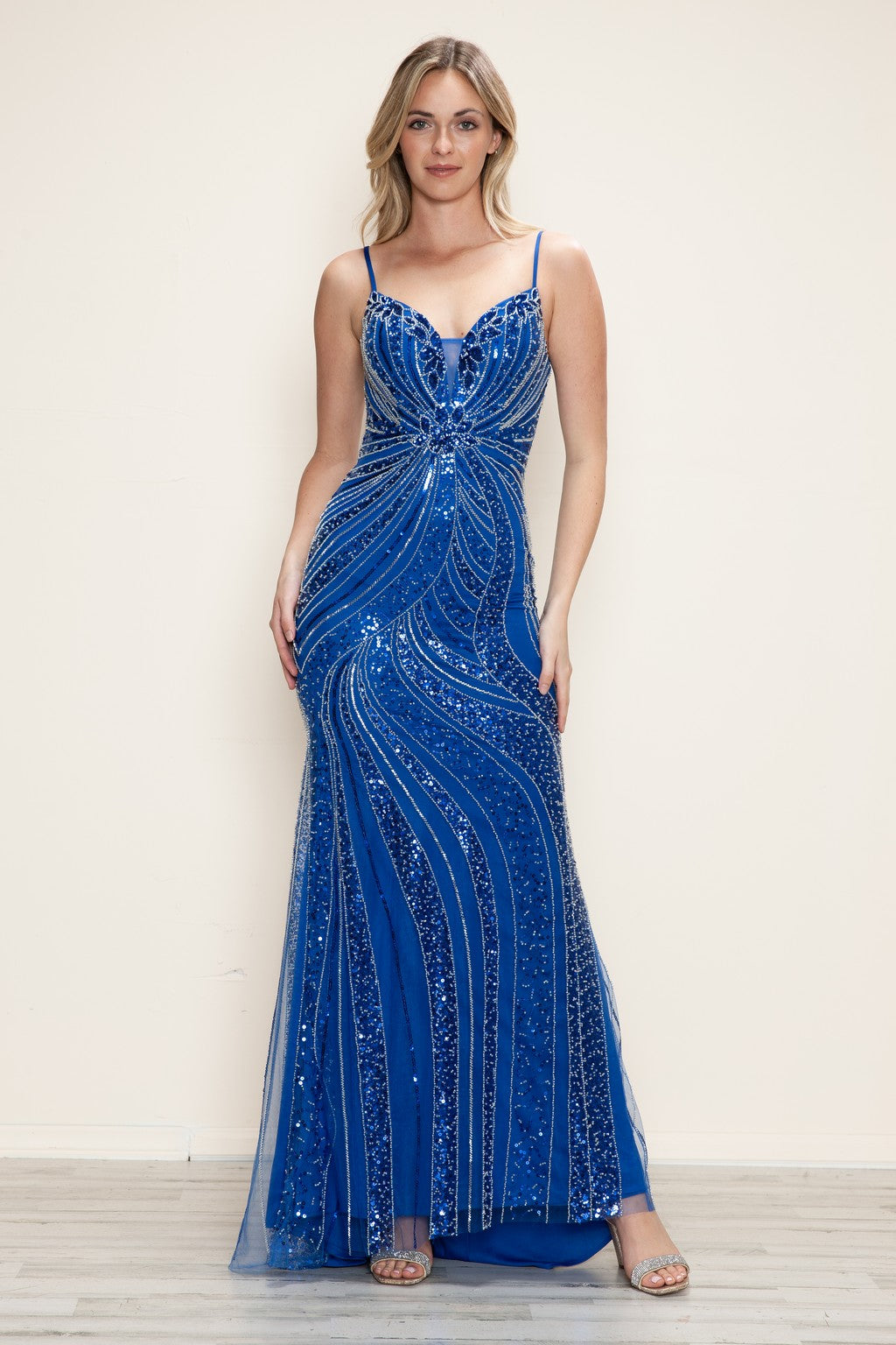 Prom Dresses Long Beaded Formal Fitted Prom Dress Royal/Silver