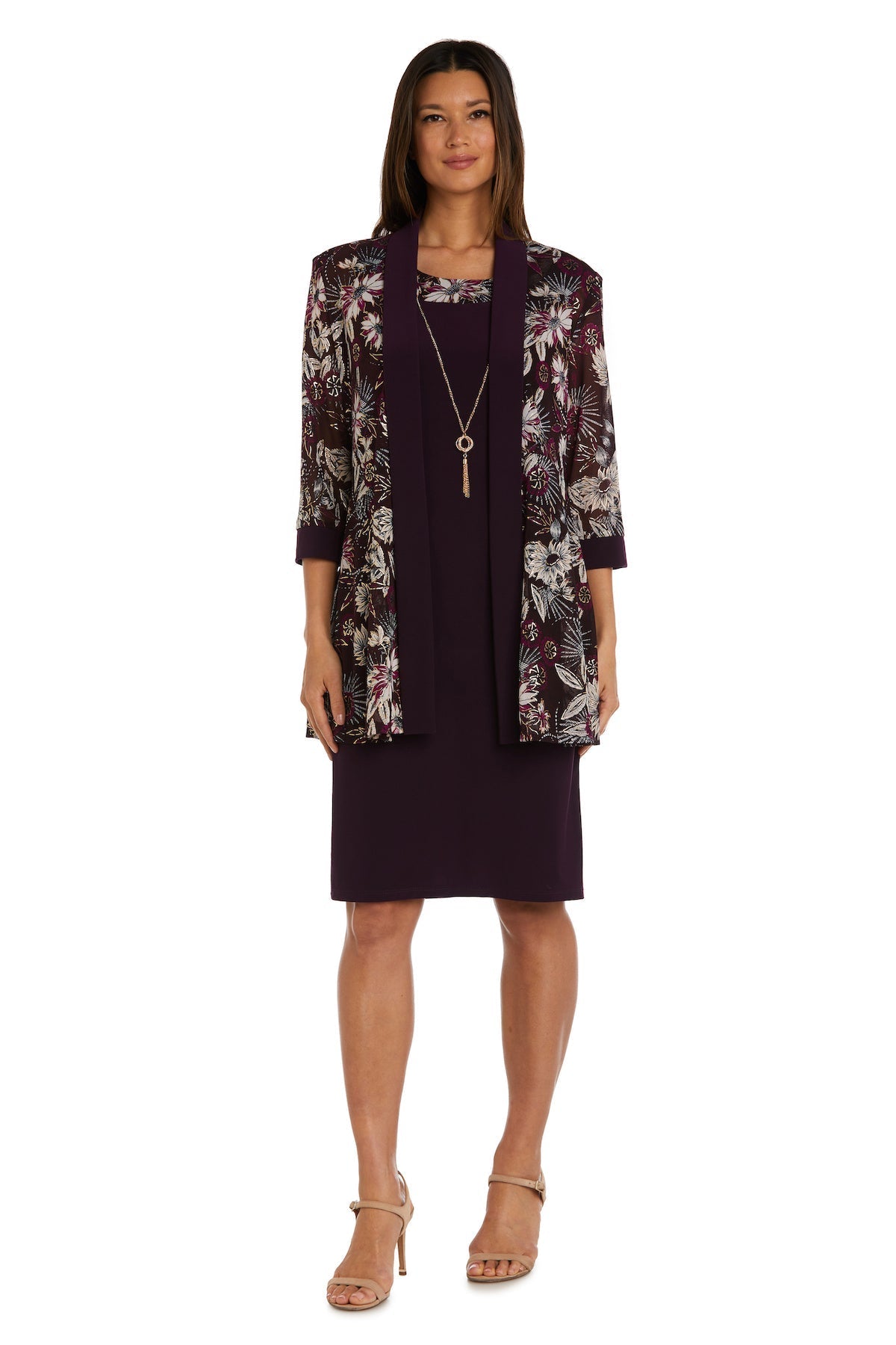 Formal Dresses Fitted Short Floral Formal Jacket Petite Dress  Eggplant