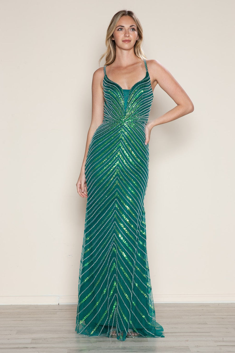 Prom Dresses Long Beaded Formal Fitted Prom Dress Emerald/Silver