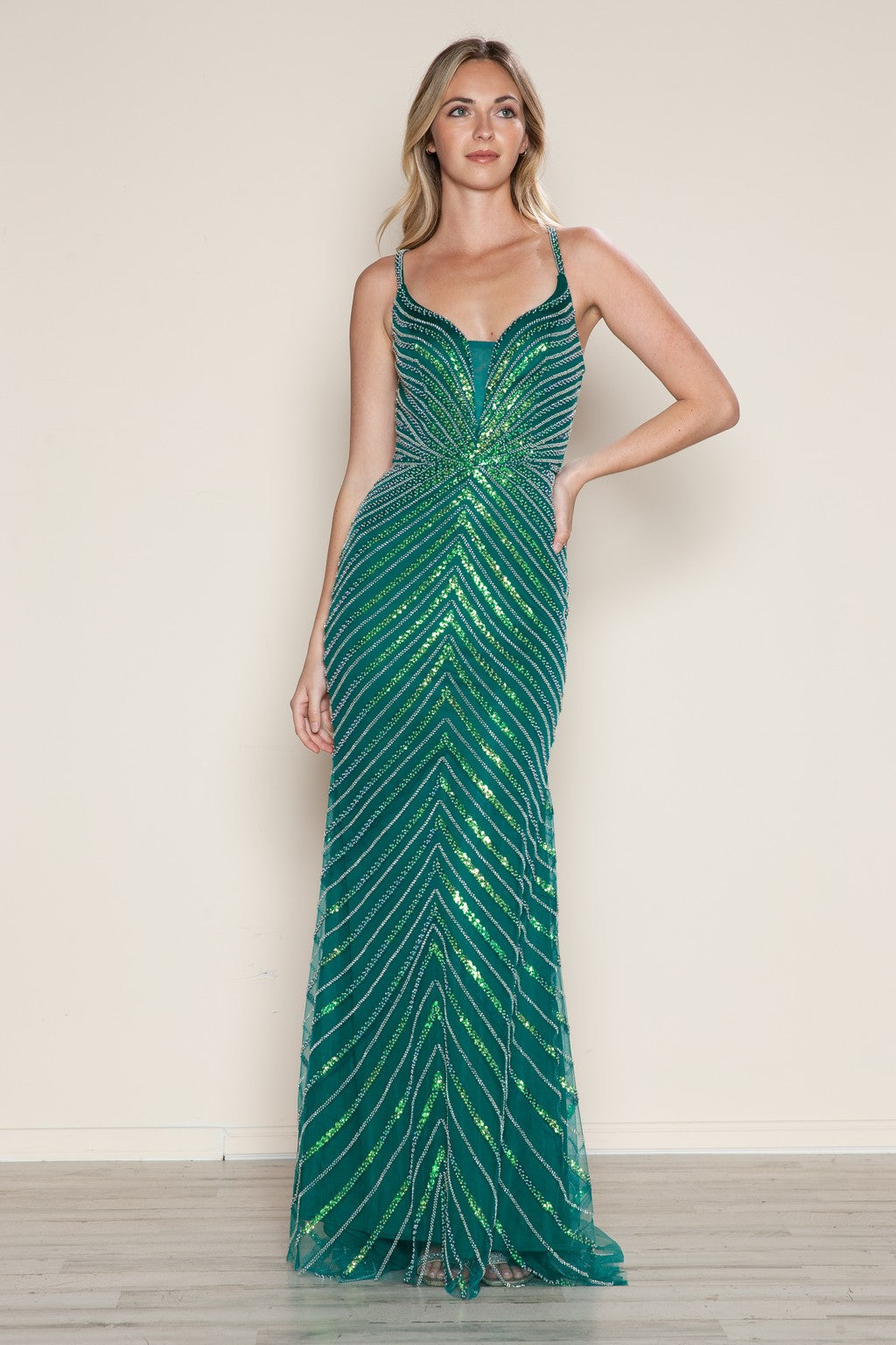 Prom Dresses Long Beaded Formal Fitted Prom Dress Emerald/Silver