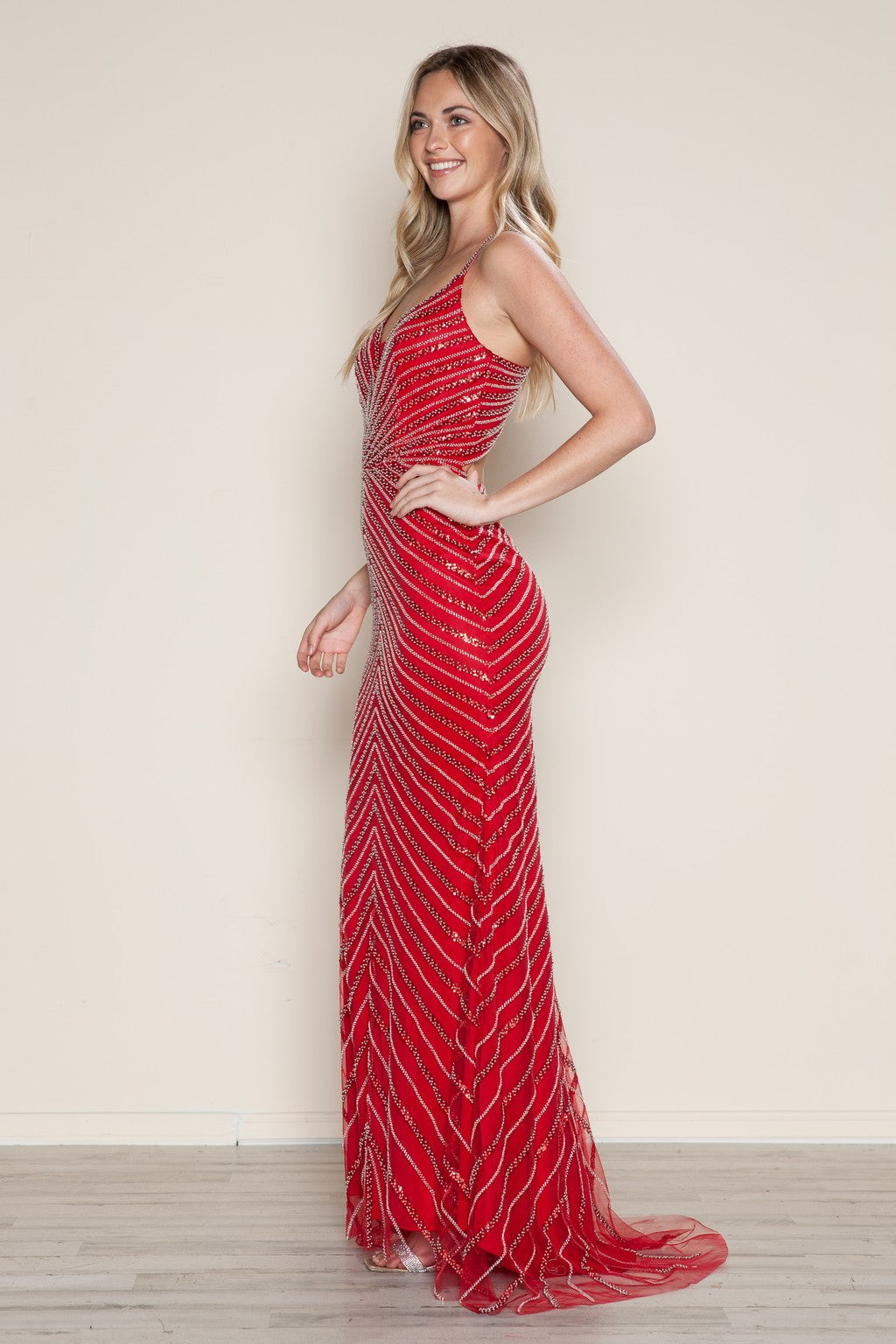 Prom Dresses Long Beaded Formal Fitted Prom Dress Red/Silver