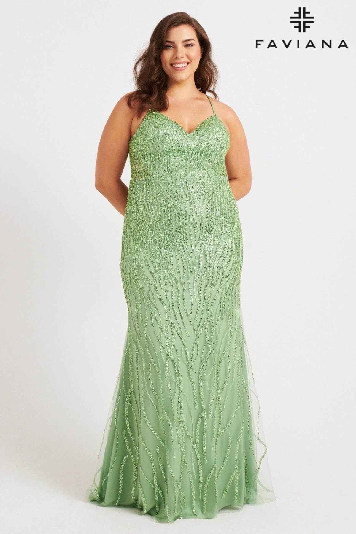 Plus Size Dresses Long Formal Beaded Applique Prom Plus Size Dress Sage