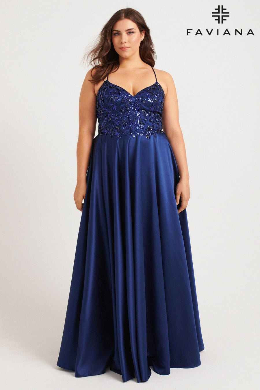 Plus Size Dresses Plus Size Long Formal Sequin Applique Prom Dress Navy