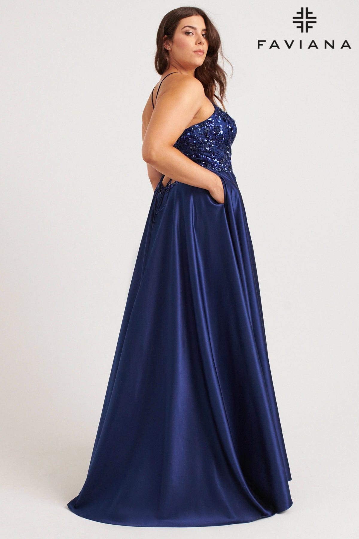 Plus Size Dresses Plus Size Long Formal Sequin Applique Prom Dress Navy