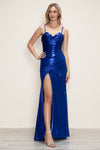 Prom Dresses Metallic Formal Fitted Slit Prom Dress Royal