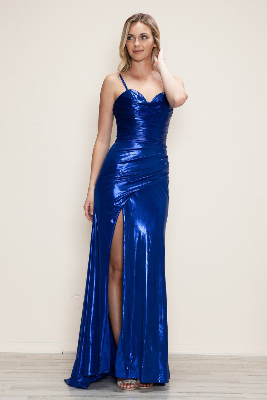 Prom Dresses Metallic Formal Fitted Slit Prom Dress Royal
