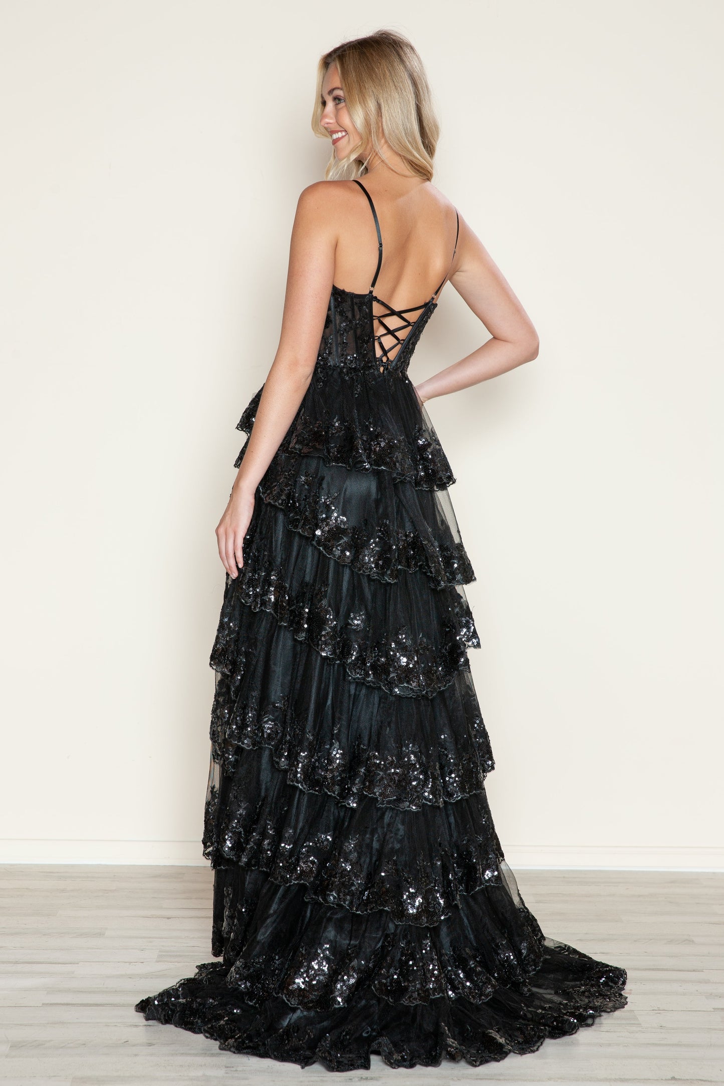 Prom Dresses A Line Long Formal Tiered Slit Prom Dress Black