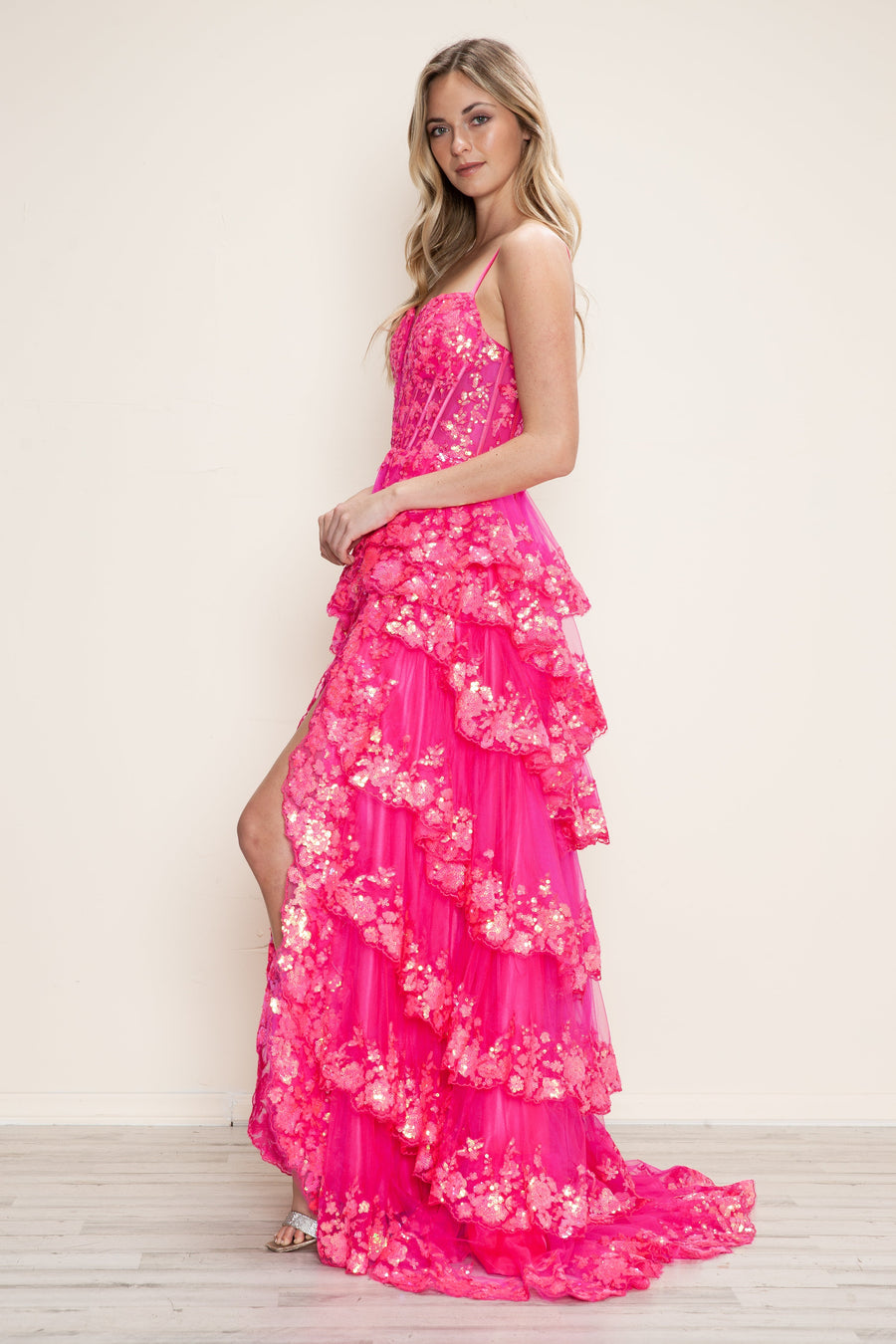 Prom Dresses A Line Long Formal Tiered Slit Prom Dress Hot Pink