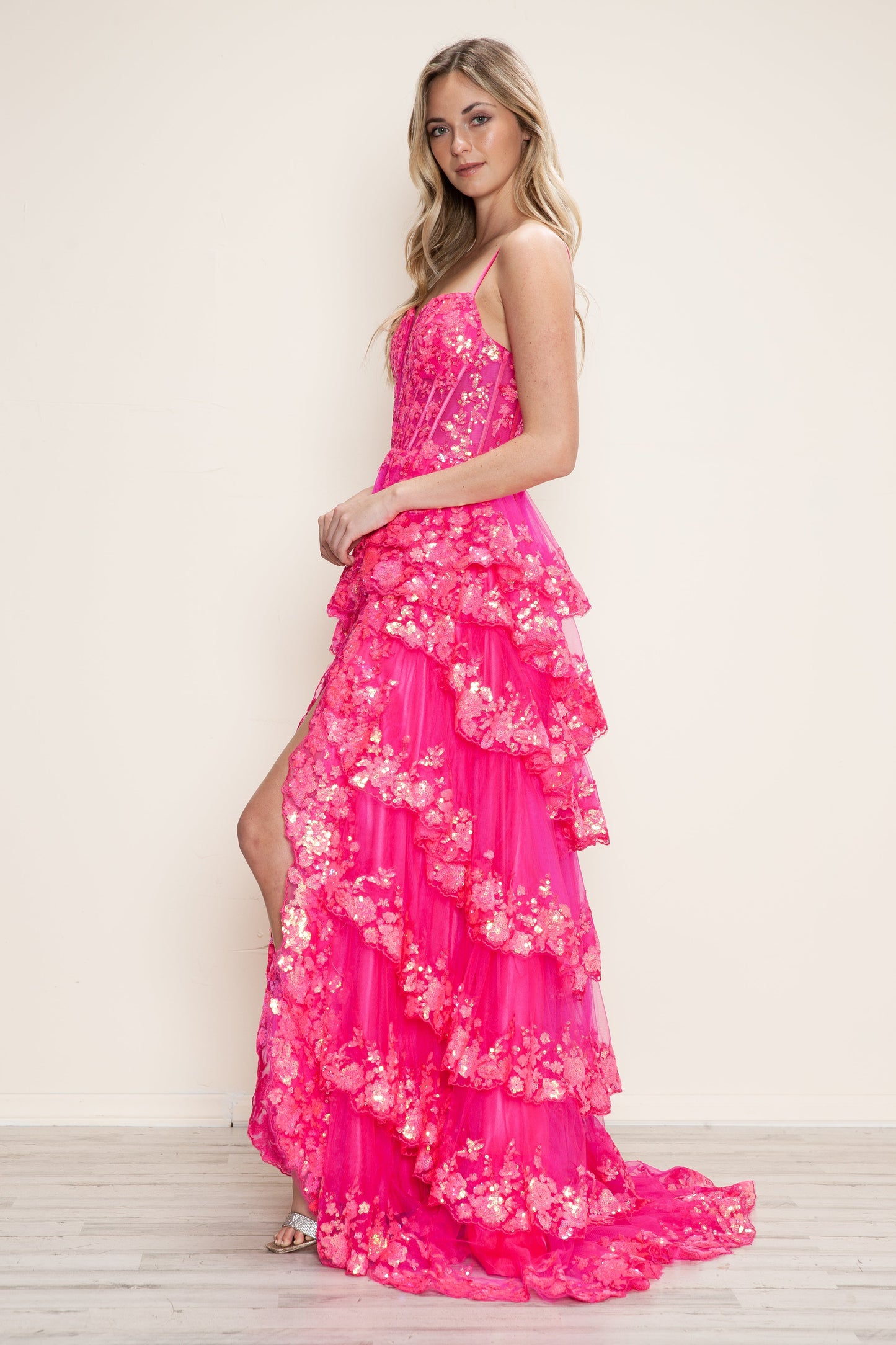 Prom Dresses A Line Long Formal Tiered Slit Prom Dress Hot Pink