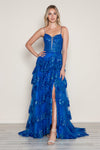 Prom Dresses A Line Long Formal Tiered Slit Prom Dress Royal