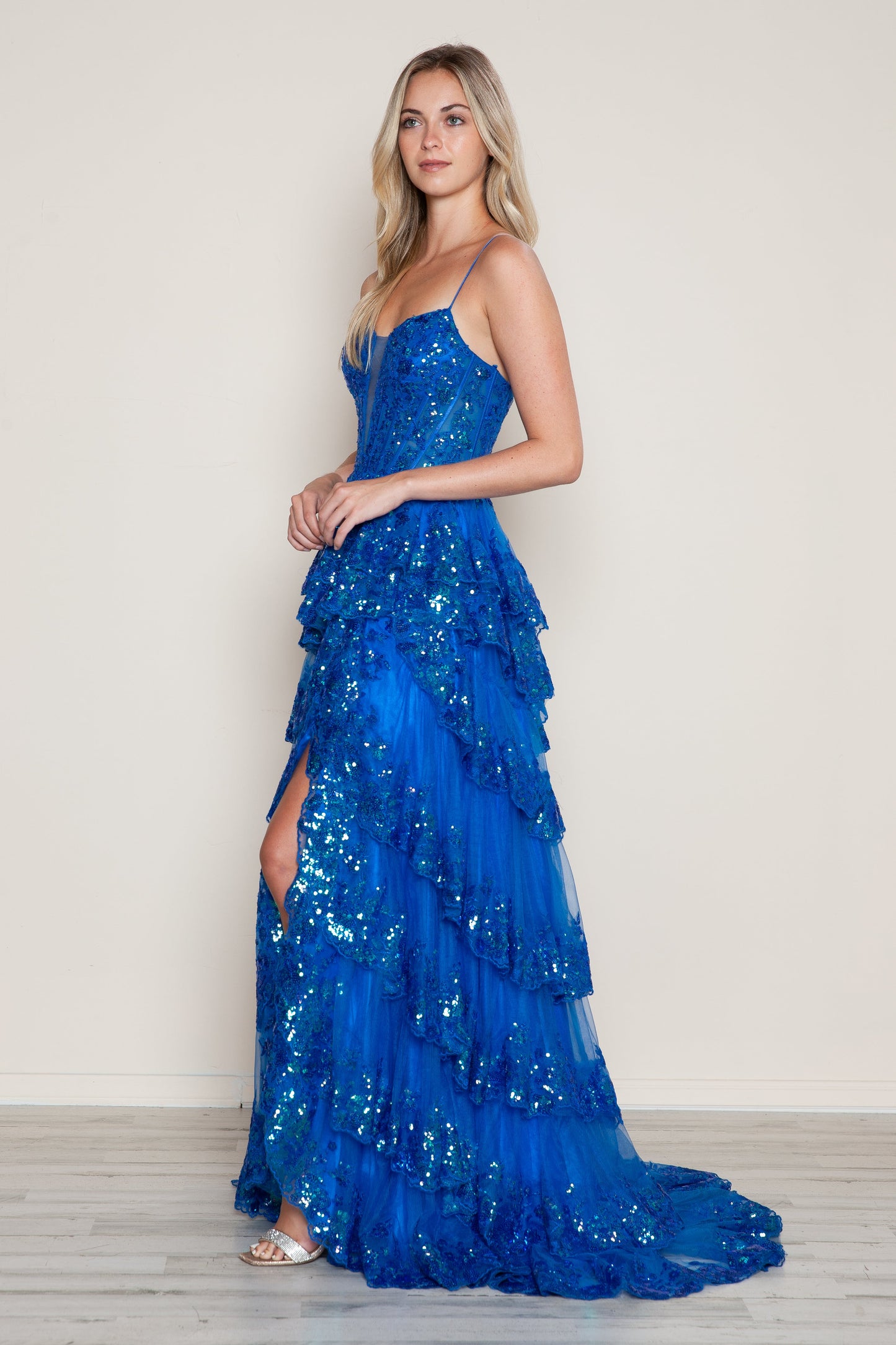 Prom Dresses A Line Long Formal Tiered Slit Prom Dress Royal