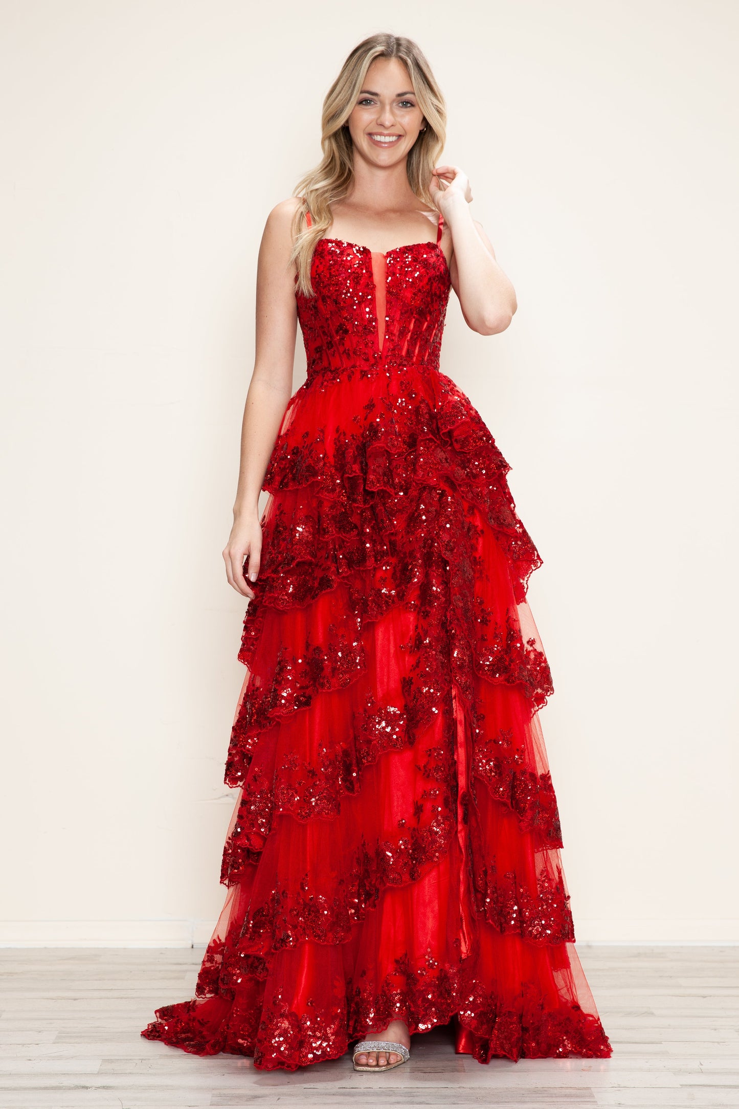 Prom Dresses A Line Long Formal Tiered Slit Prom Dress Red