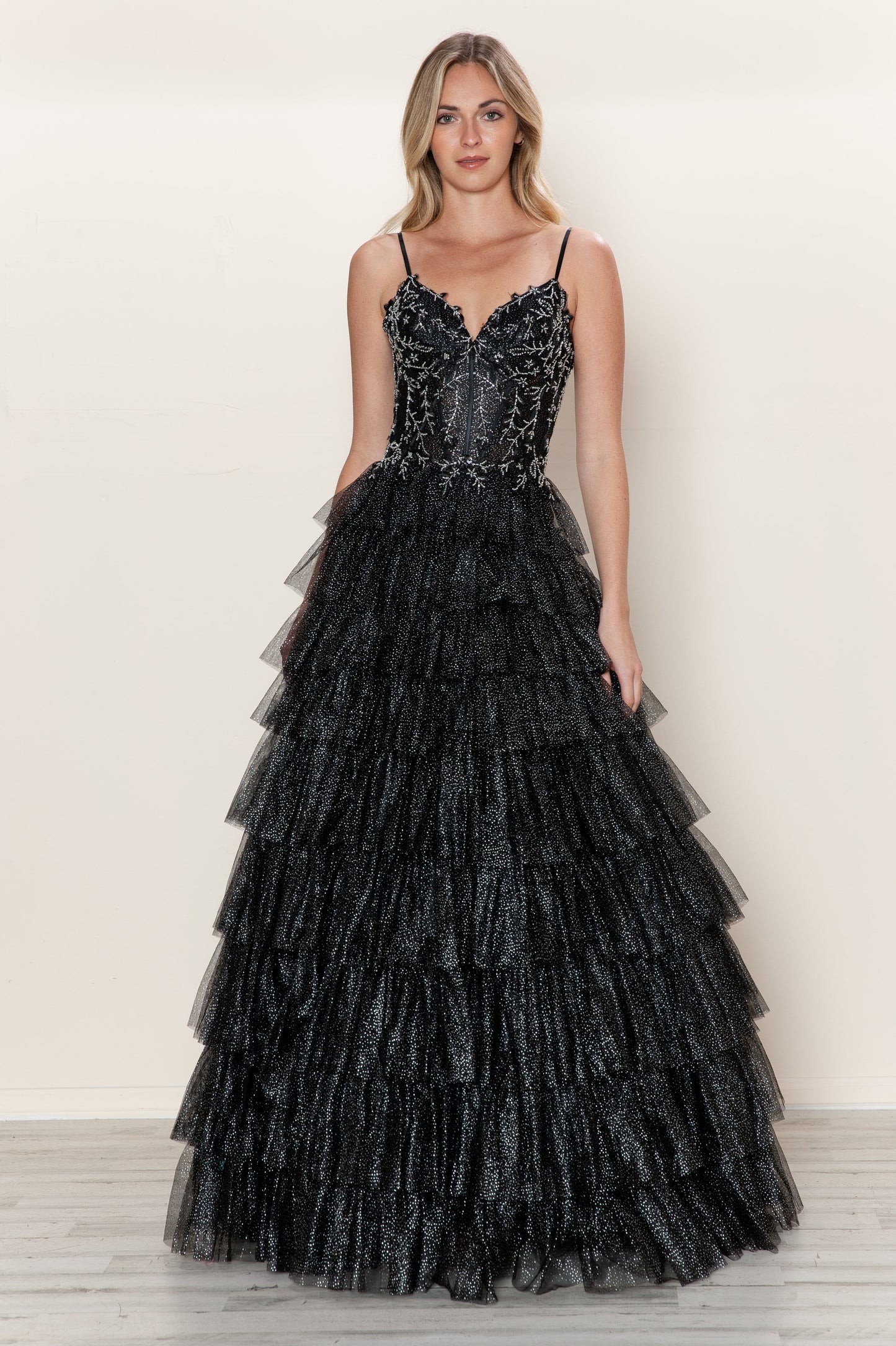 Prom Dresses Long Ball Gown Formal Ruffle Prom Dress Black/Silver