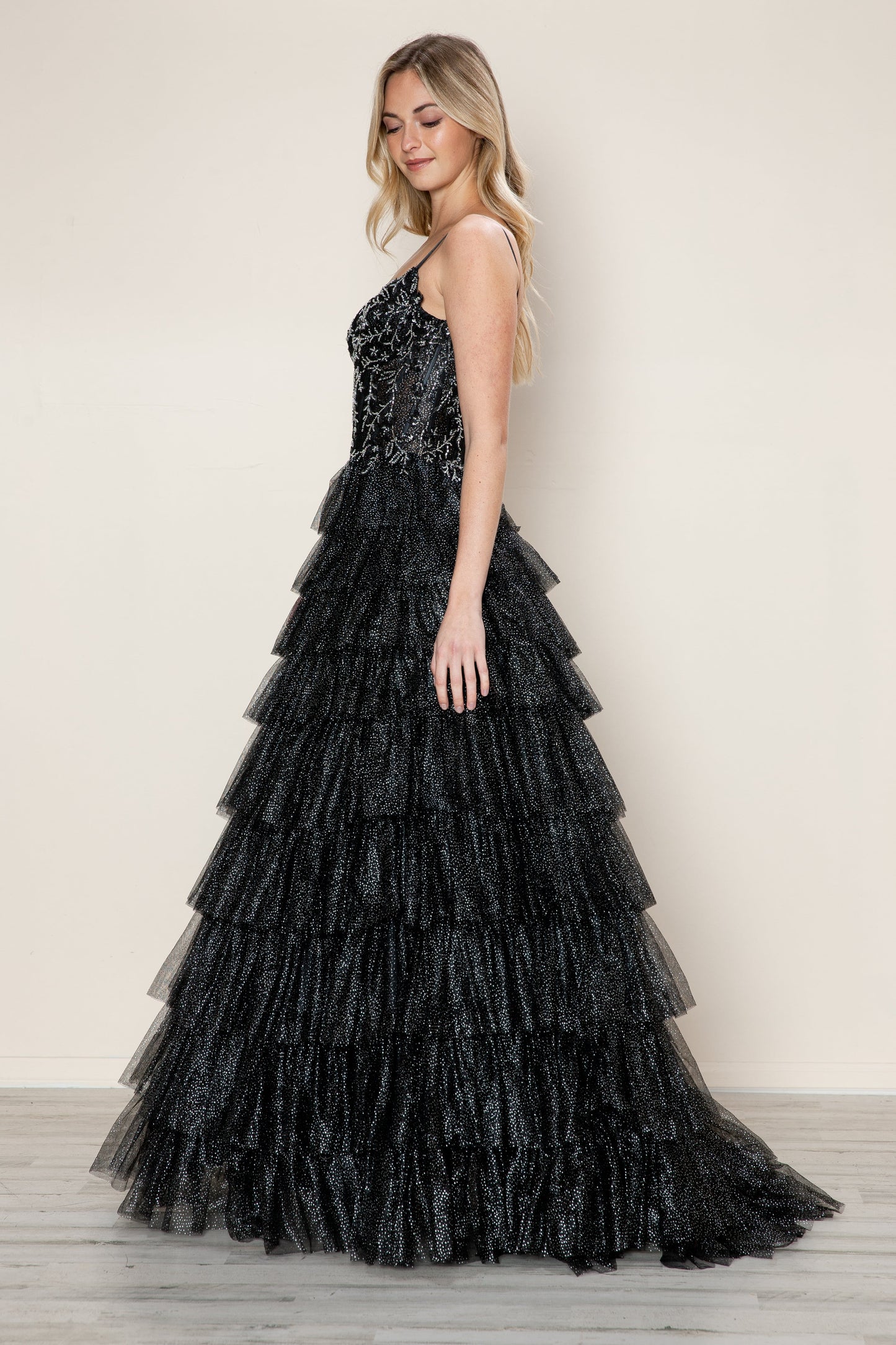 Prom Dresses Long Ball Gown Formal Ruffle Prom Dress Black/Silver