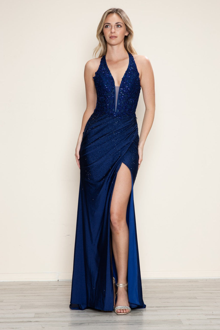 Prom Dresses A Line Long Formal Beaded Applique Prom Dress Navy