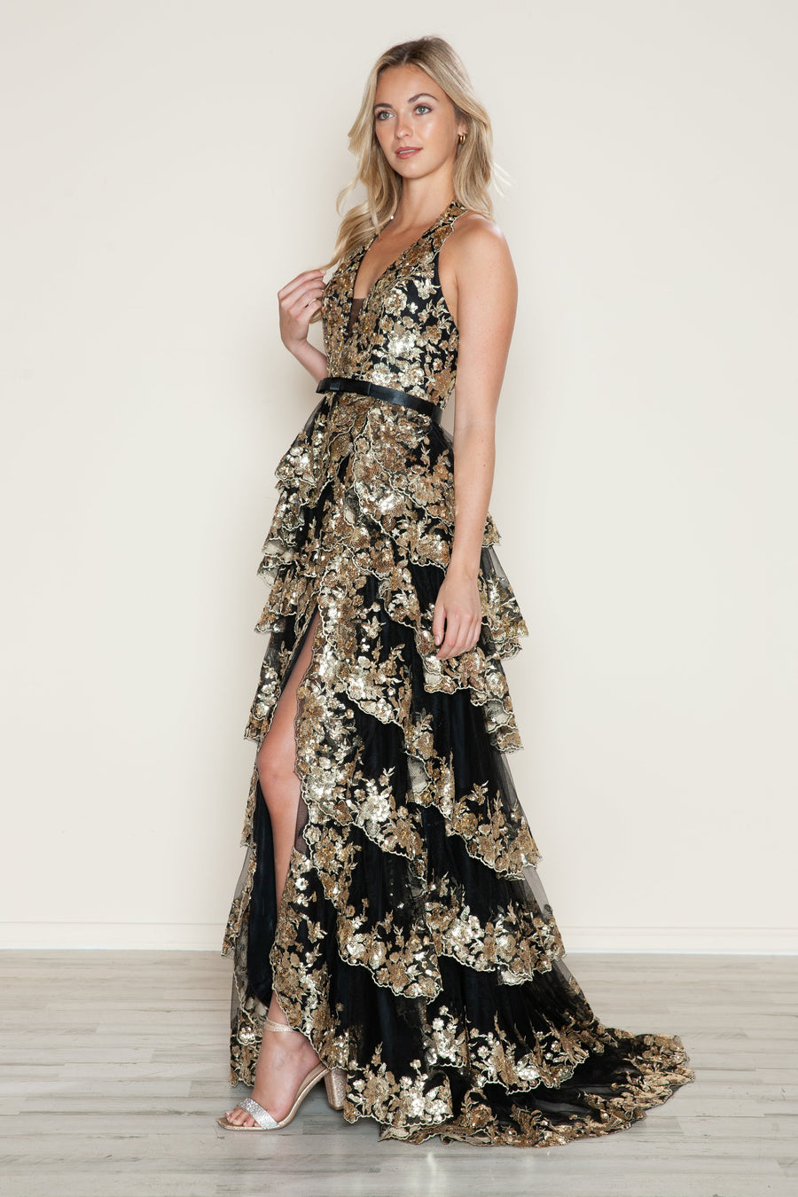 Prom Dresses Long A Line Slit Tiered Layered Formal Prom Dress Black/Gold